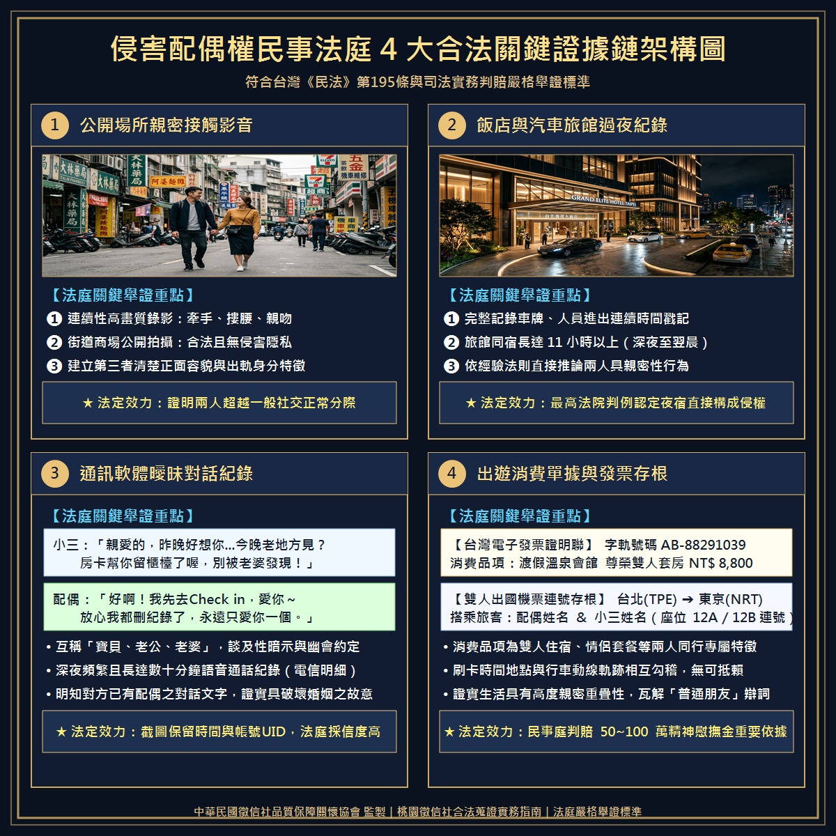 侵害配偶權民事法庭4大合法關鍵證據鏈架構圖